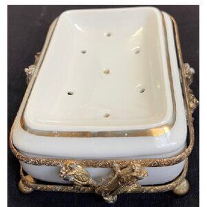 Vintage Ceramic Hollywood Regency Soap Dish with Gold Ornate Stand